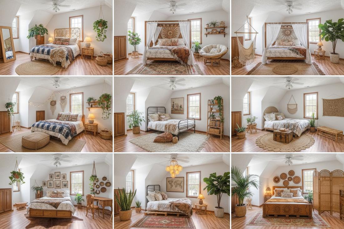 Nine Bohemian bedroom redesigns generated from one photo