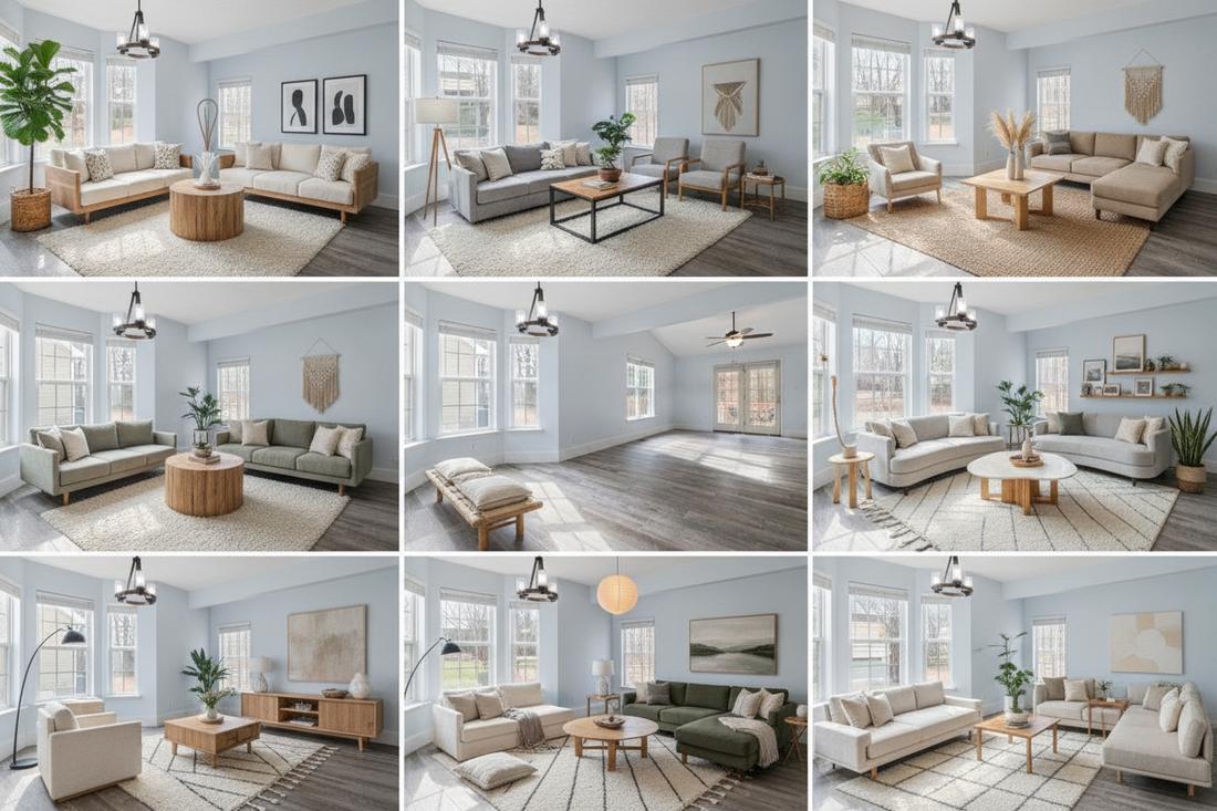 Nine Japandi living room redesigns generated from one photo