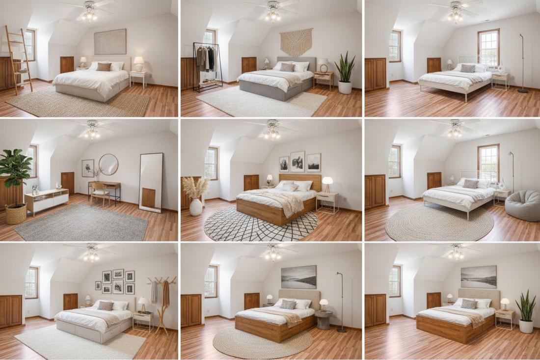 Nine Minimalist bedroom redesigns generated from one photo