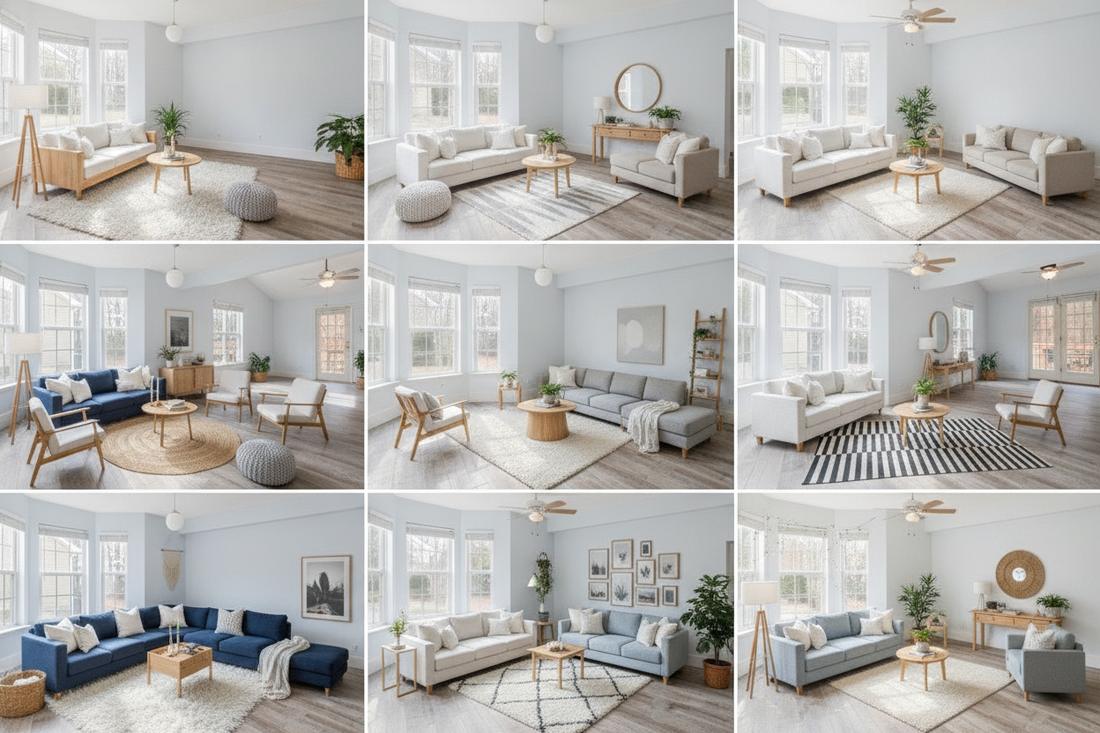Nine Scandinavian living room redesigns generated from one photo